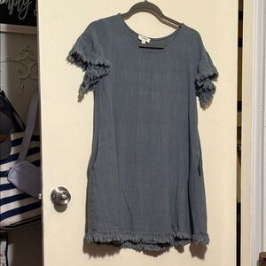 Umgee Grey-Blue Dress with Fringe Sleeves and Fringe Hem